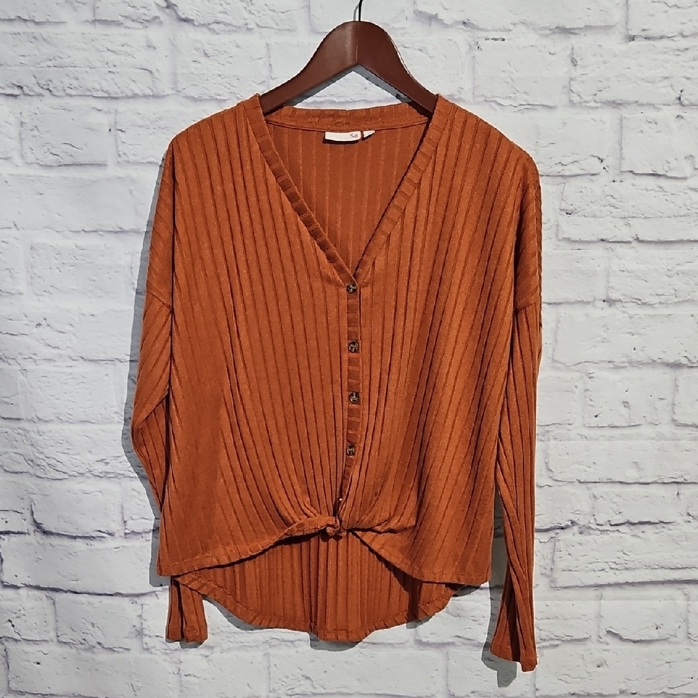 SO Terracotta Button-Down V-Neck Top